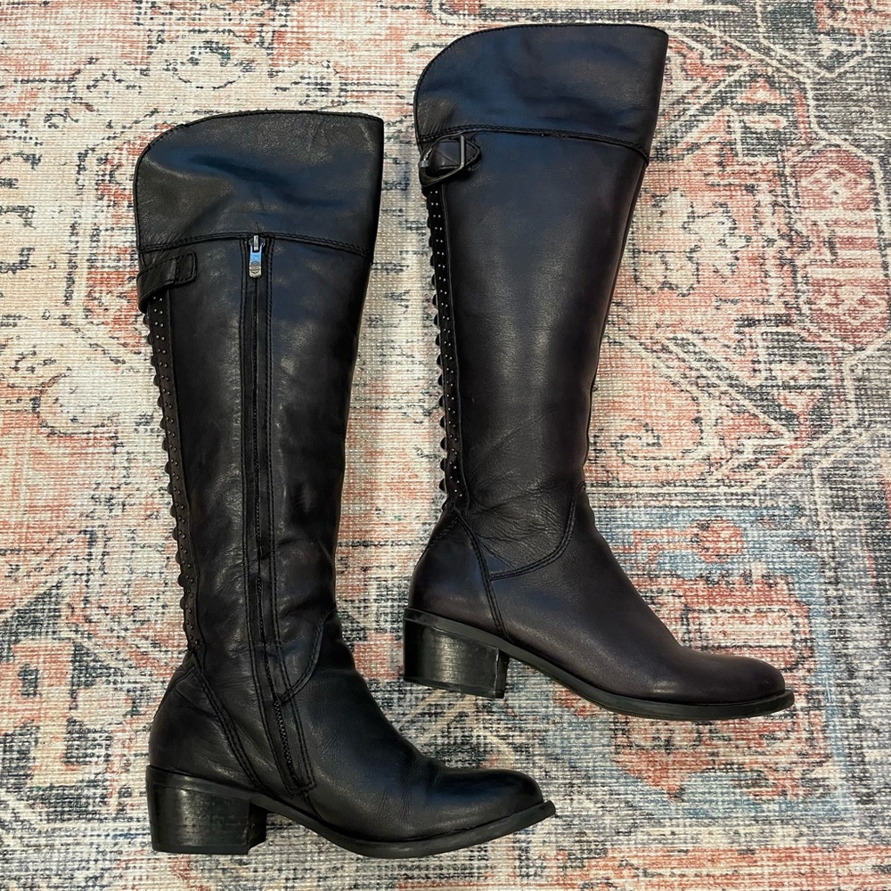 Black Leather Knee High Boots with Studs